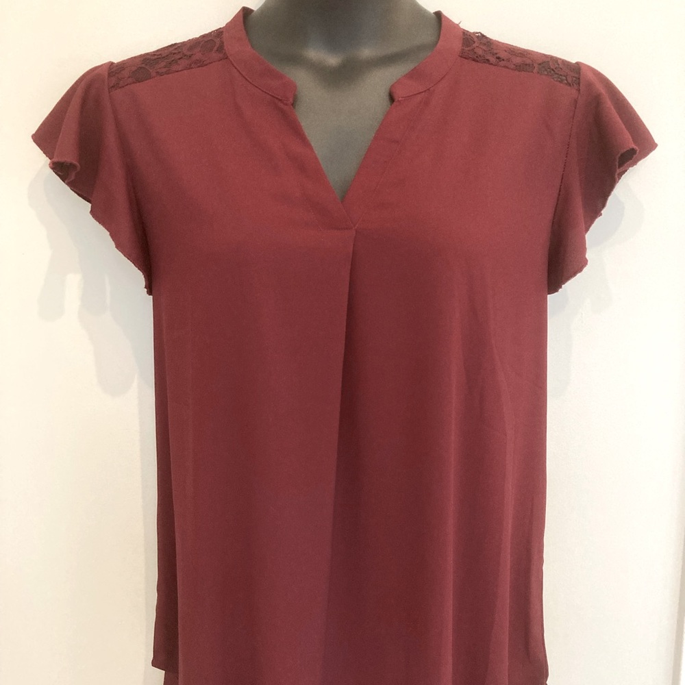 Burgundy flutter sleeve blouse with lace detail
